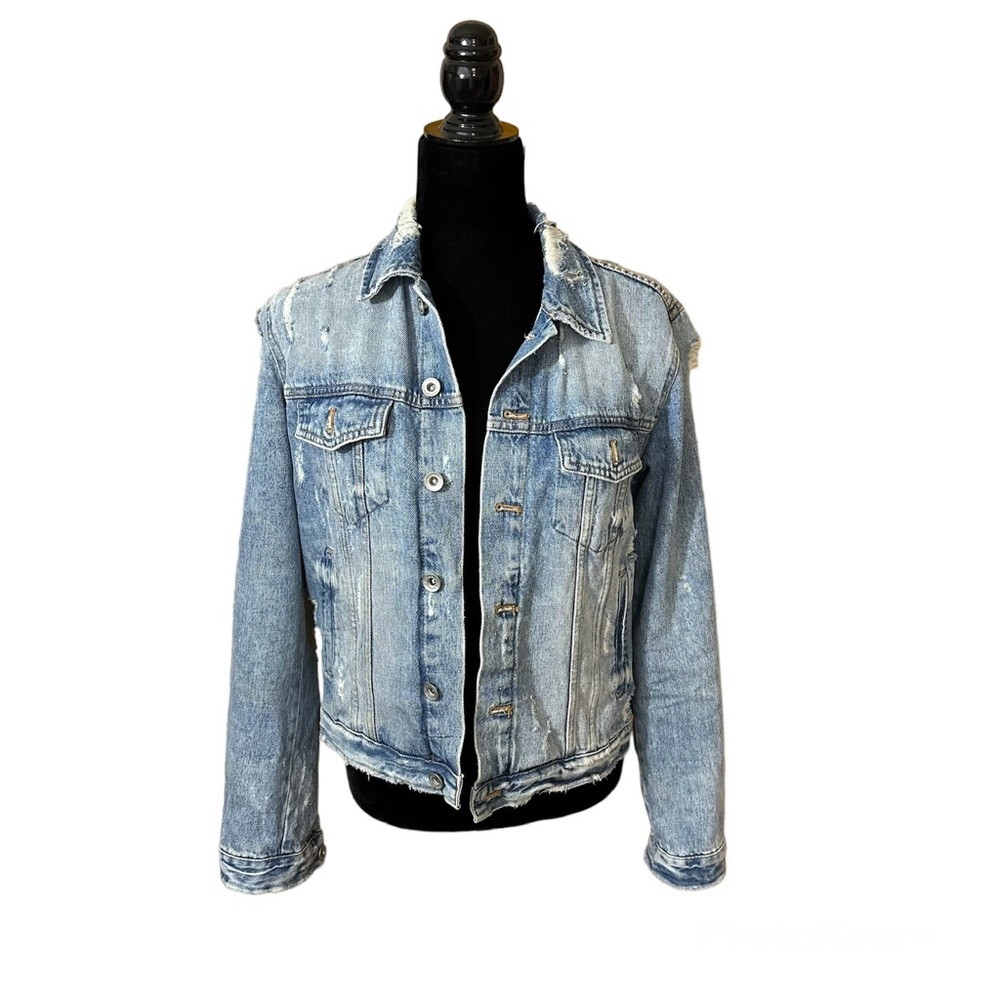 ZARA Trafaluc Distressed Ripped Destroyed Jean Denim Collared Classic Jacket L